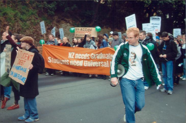 2005 VUWSA President Jeremy Greenbrook leads protest march to parliament, May 2005